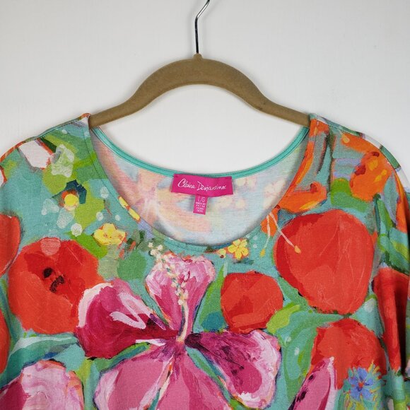 Claire Desjardins Bright Floral Short Sleeve Top Pink Green Jersey Knit Size L - Picture 3 of 8
